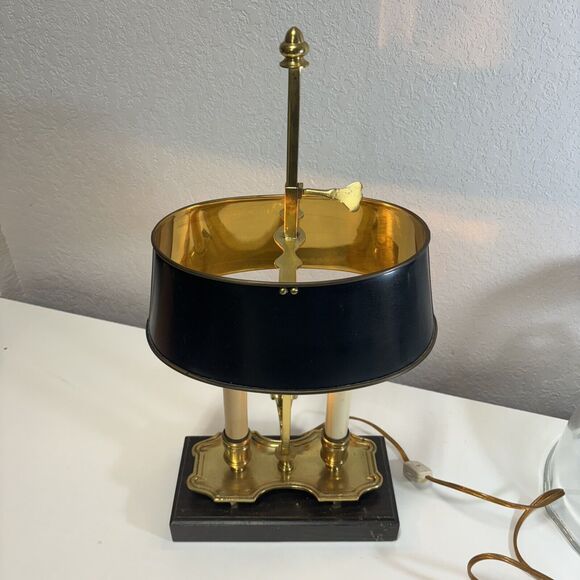 Black Shade Bouillette Lamp 2 Candlestick Lights Gold Brass Tone - Picture 3 of 16